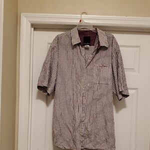 Sean John Men's Burgundy and White Check Short-Sleeve Button-Down